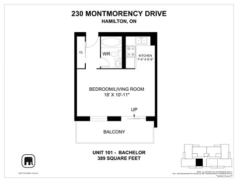 Floor plan for 1 bed, 1 bath, 389 sqft